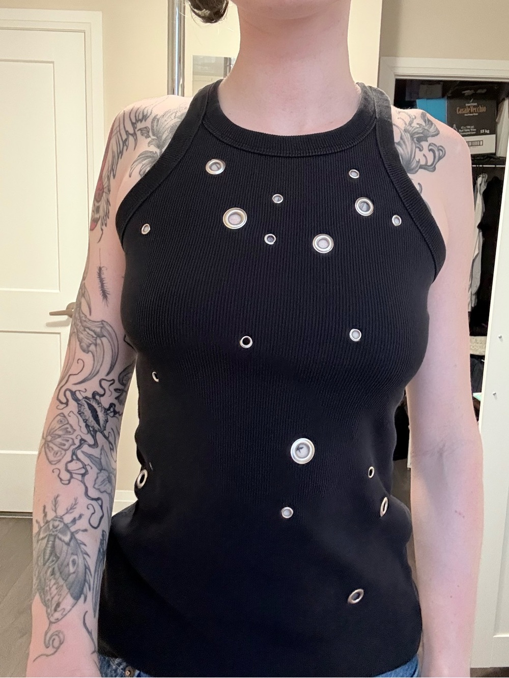 Black Grommet Ribbed Tank Top